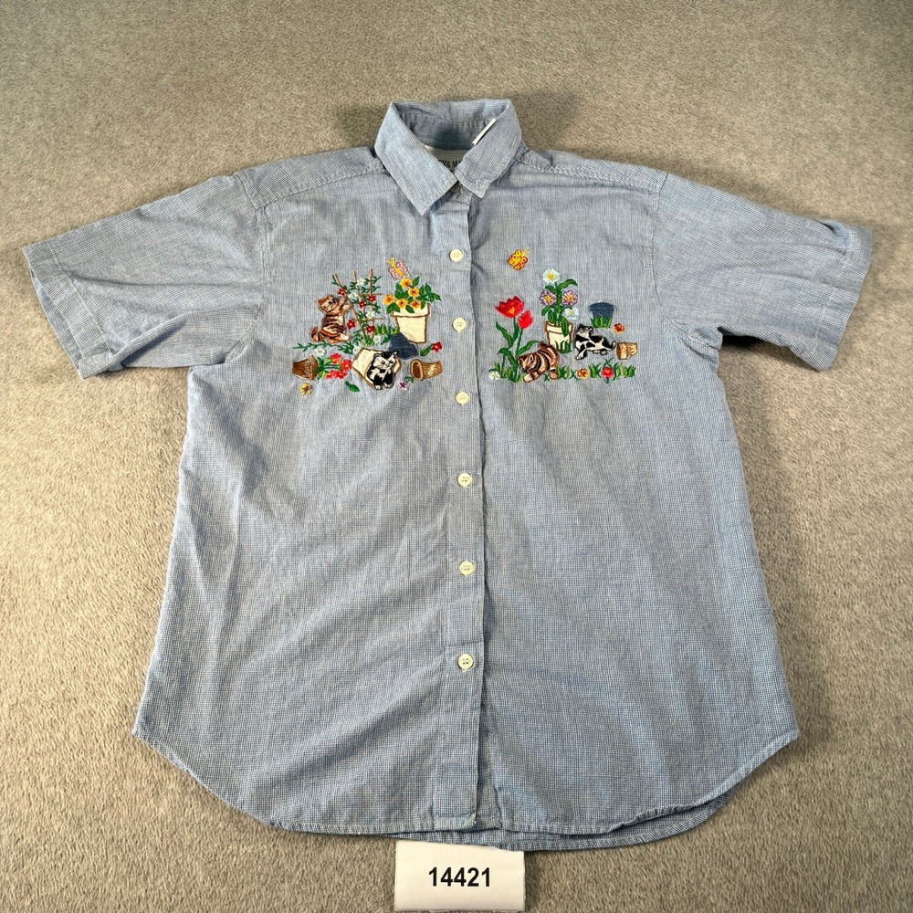 Vintage Casey & Max Shirt Womens Medium Blue Embroidered Catlady Houndstooth